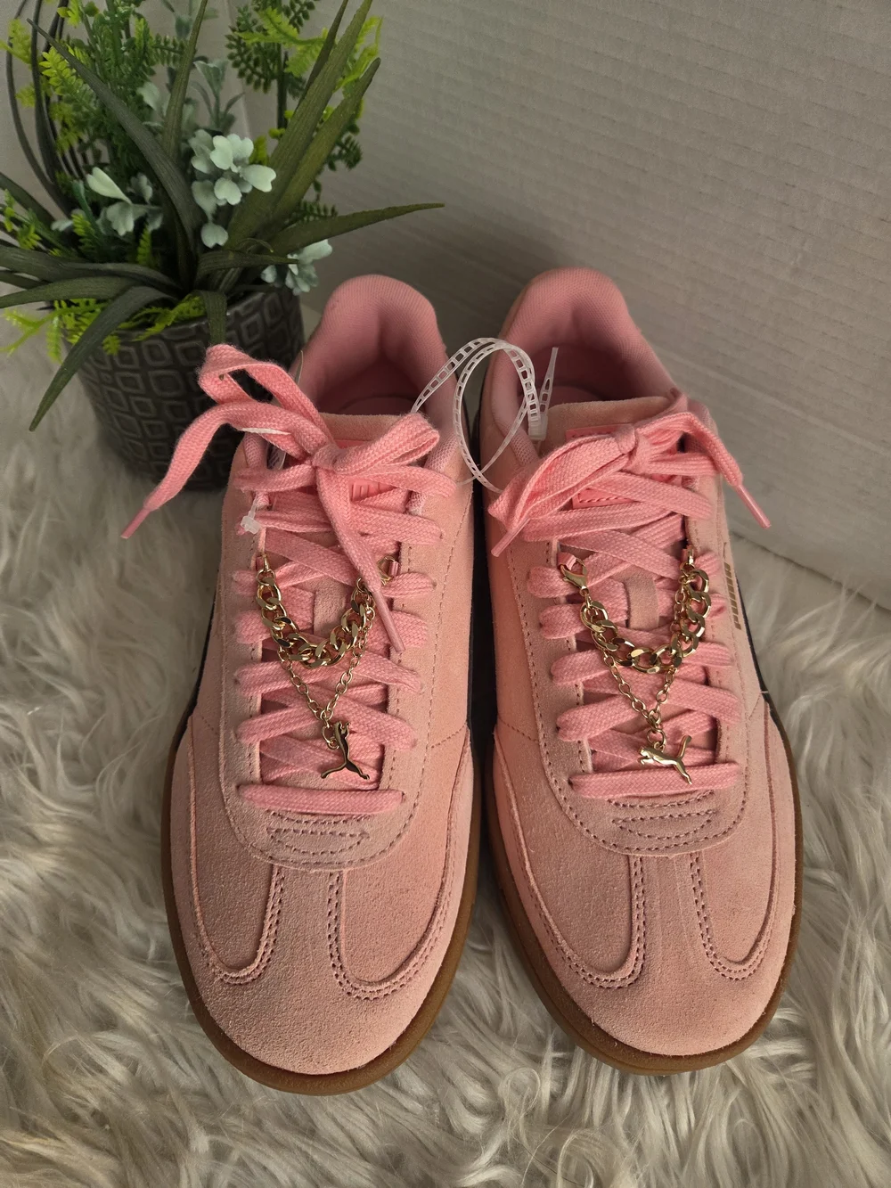 Puma Pink Suede Sneakers with Black Formstripe and Brown Gum Sole